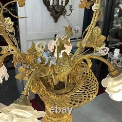 Antique French Basket Gilt Bronze Louis Style Ormolu Floral 4 Light Chandelier