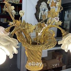 Antique French Basket Gilt Bronze Louis Style Ormolu Floral 4 Light Chandelier