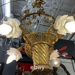 Antique French Basket Gilt Bronze Louis Style Ormolu Floral 4 Light Chandelier