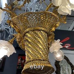 Antique French Basket Gilt Bronze Louis Style Ormolu Floral 4 Light Chandelier