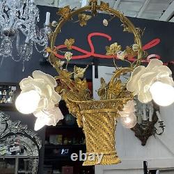 Antique French Basket Gilt Bronze Louis Style Ormolu Floral 4 Light Chandelier