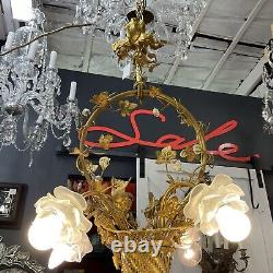 Antique French Basket Gilt Bronze Louis Style Ormolu Floral 4 Light Chandelier