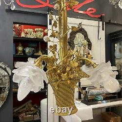 Antique French Basket Gilt Bronze Louis Style Ormolu Floral 4 Light Chandelier