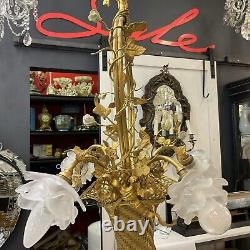 Antique French Basket Gilt Bronze Louis Style Ormolu Floral 4 Light Chandelier