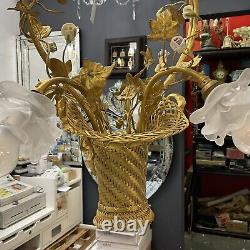 Antique French Basket Gilt Bronze Louis Style Ormolu Floral 4 Light Chandelier