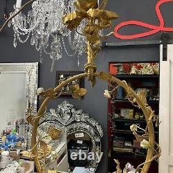 Antique French Basket Gilt Bronze Louis Style Ormolu Floral 4 Light Chandelier