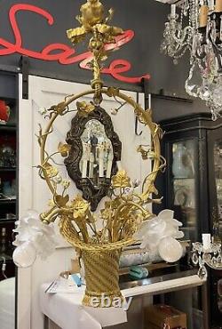 Antique French Basket Gilt Bronze Louis Style Ormolu Floral 4 Light Chandelier