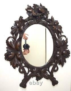 Antique French Black Forest Louis XVI Style Large Oval Mirror Floral Carved Wood