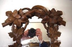 Antique French Black Forest Louis XVI Style Small Mirror Floral Carved Wood 19th