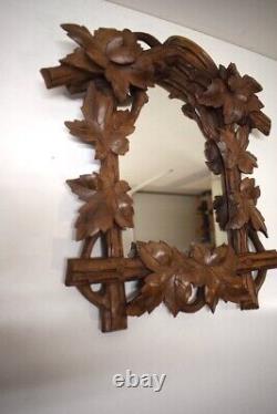 Antique French Black Forest Louis XVI Style Small Mirror Floral Carved Wood 19th