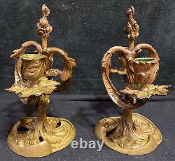 Antique French Bronze 2 Arm Candelabra Pair 9H Rococo Louis XV Gilt
