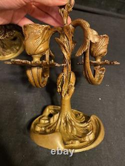 Antique French Bronze 2 Arm Candelabra Pair 9H Rococo Louis XV Gilt