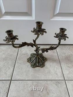 Antique French Bronze Brass King Louis XVI 3 Arm Candleholder Candelabra Heavy
