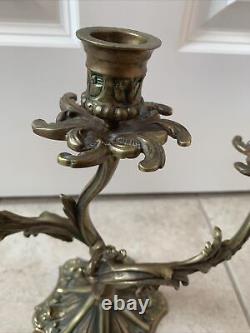 Antique French Bronze Brass King Louis XVI 3 Arm Candleholder Candelabra Heavy