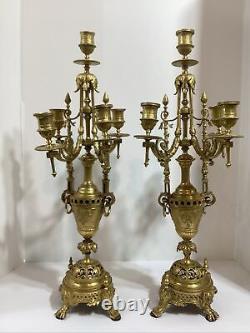 Antique French Bronze Dore Louis XV Pair Of 5 Branch Candleabra 22 1/2 1870