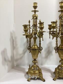 Antique French Bronze Dore Louis XV Pair Of 5 Branch Candleabra 22 1/2 1870