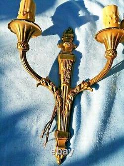 Antique French Bronze Pair Double Light Arm Wall Sconces Louis XVI Style