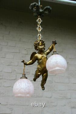 Antique French Bronze putti angel cherub pendant lamp chandelier louis XVI