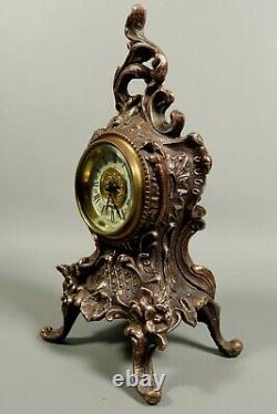 Antique French Bronzed Spelter Miniature Mantle Table Clock Rococo Louis XV
