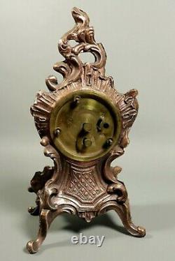 Antique French Bronzed Spelter Miniature Mantle Table Clock Rococo Louis XV