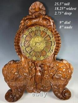 Antique French Carved 25 Wall or Mantle Clock, Louis XIV Dolphins, Nude & Swans