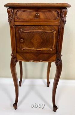 Antique French Carved Walnut Louis XV Marquetry Marble Top Bed Side Table
