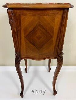 Antique French Carved Walnut Louis XV Marquetry Marble Top Bed Side Table