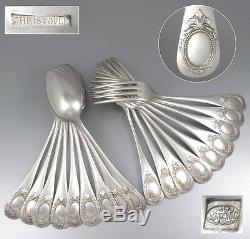 Antique French Christofle Silver Plated Flatware Set, Baguette Ecusson Louis XVI