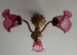Antique French Cranberry Glass Shade Louis XVI Chandelier Bronze Victorian Lamp