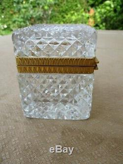 Antique French Cut Crystal Louis XVI Diamond Jewelry Trinket Ormulu Box Signed