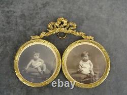 Antique French Double Gilt Bronze Photo Picture Frame Louis XVI Style Ribbon