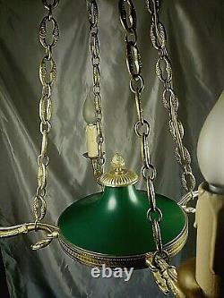 Antique French Empire Style Swans Gilt Bronze Chandelier Lamp Green Tole