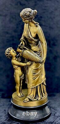 Antique French GILT BRONZE Artist Signed Louis Sauvageau b1822 Mother And Boy