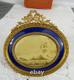 Antique French Gilded Bronze & Blue Celluloid Photo Frame Louis XVI Ribbon