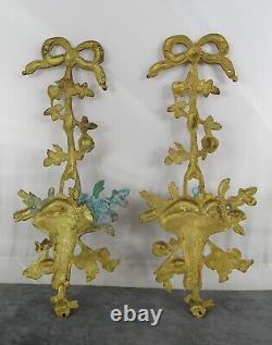 Antique French Gilded Bronze Furniture Pediment A pair Basket of Roses L. XVI