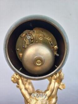 Antique French Gilt Bronze Globe Desk Clock Pendulum With Putti Marble Base 19th