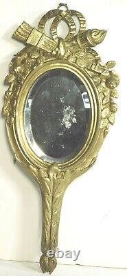 Antique French Gilt Bronze Hand Mirror Wall Hanger Louis XVi Torch Arrows Ornate