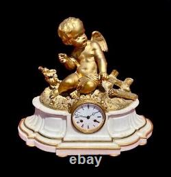 Antique French Gilt Bronze & Marble Pendulum Clock Cupid By Miroy à Paris 19th c