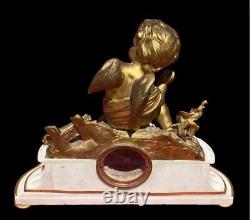 Antique French Gilt Bronze & Marble Pendulum Clock Cupid By Miroy à Paris 19th c