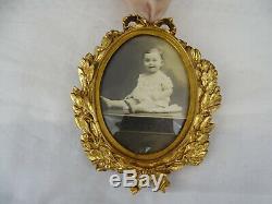 Antique French Gilt Dore Bronze Oval Picture Frame Louis XVI Style with Ribbon