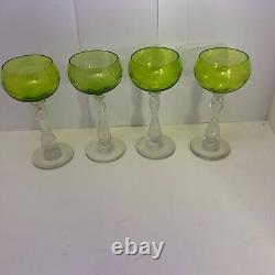 Antique French Glassware, 4 St Louis Light Green Crystal Short Wine Hocks