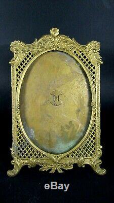 Antique French Gold Metal Ormolu Ornate Glass Photo Frame Louis XVI Style Easel