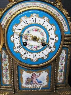 Antique French Goret A Paris gilt bronze porcelain mantel clock. Gorgeous Blue