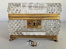 Antique French Hand Cut Glass with Gilded Bronze Frame Box, Original Working Key