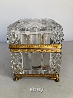 Antique French Hand Cut Glass with Gilded Bronze Frame Box, Original Working Key