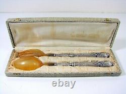 Antique French Horn and Carved Silver Handles Salad Serving Set Louis XV Style