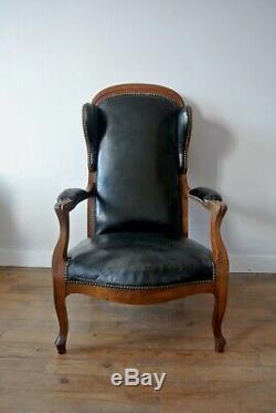 Antique French Louis Philippe Black Leather And Walnut Gentleman's Armchair 1840