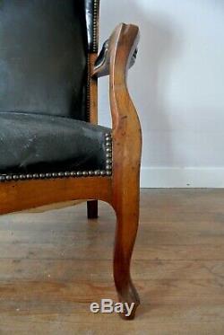 Antique French Louis Philippe Black Leather And Walnut Gentleman's Armchair 1840