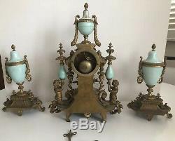 Antique French Louis The XVI Style Porcelain And Brass Clock And Garniture