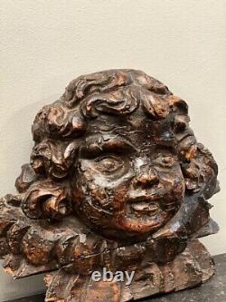 Antique French Louis XIII Style Carved Wood Cherub Head Late 18th Century Rare